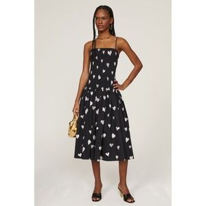 Autumn Adeigbo Winnie Dress Sz 0 Black White Heart Print Smocked‎ Midi Feminine